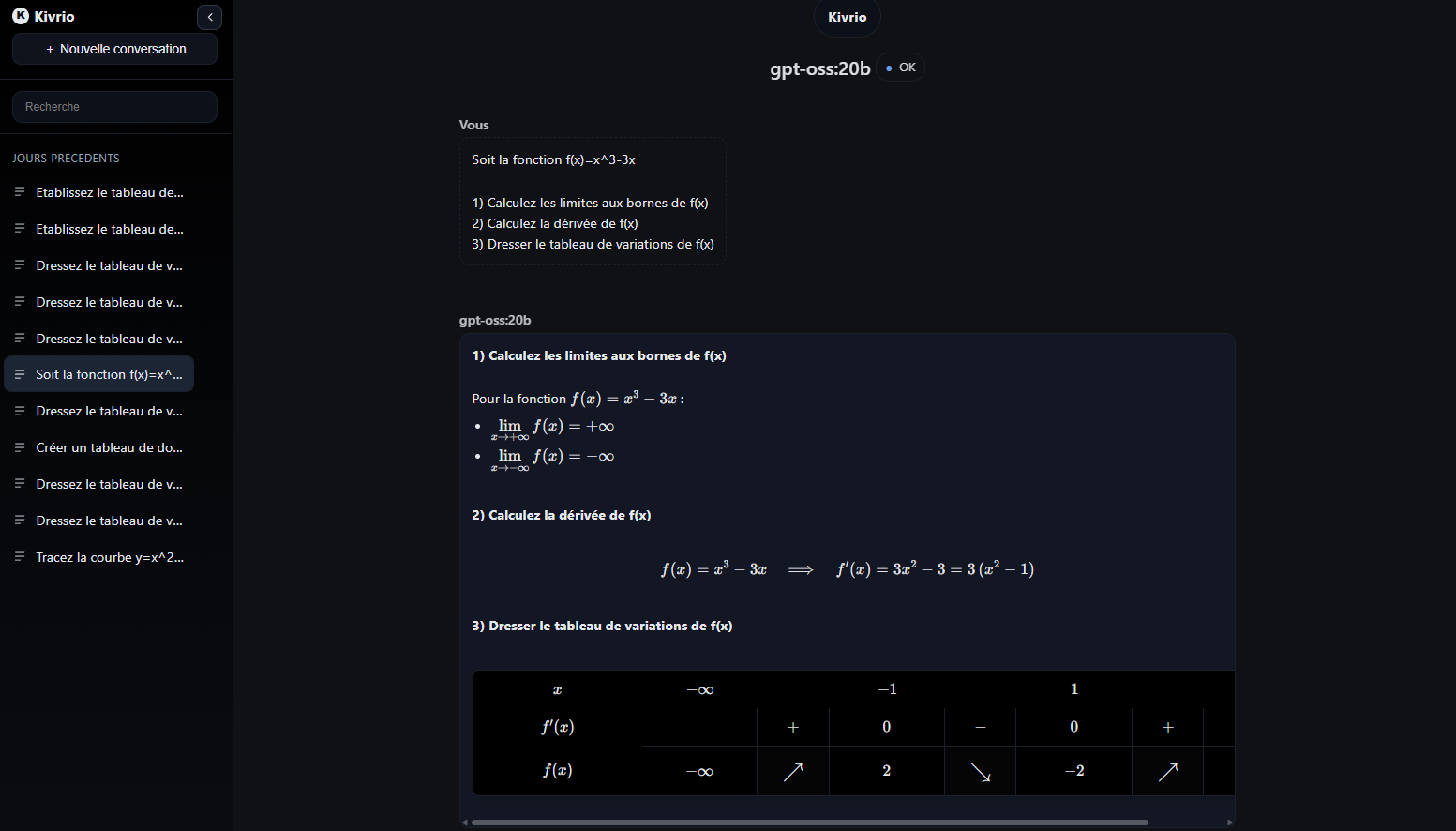 Capture de l'interface Kivrio montrant une conversation mathématique structurée